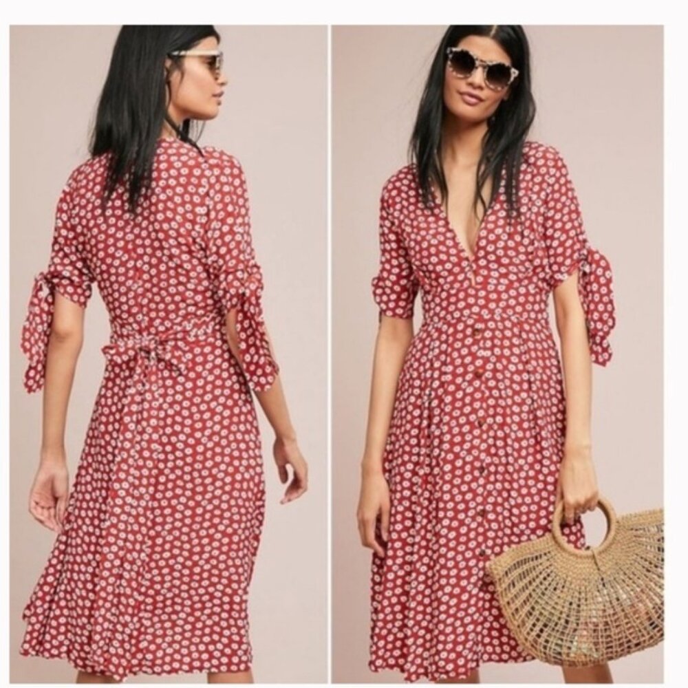 Faithfull The Brand Nina Red FloralMidi Dress Sz 6